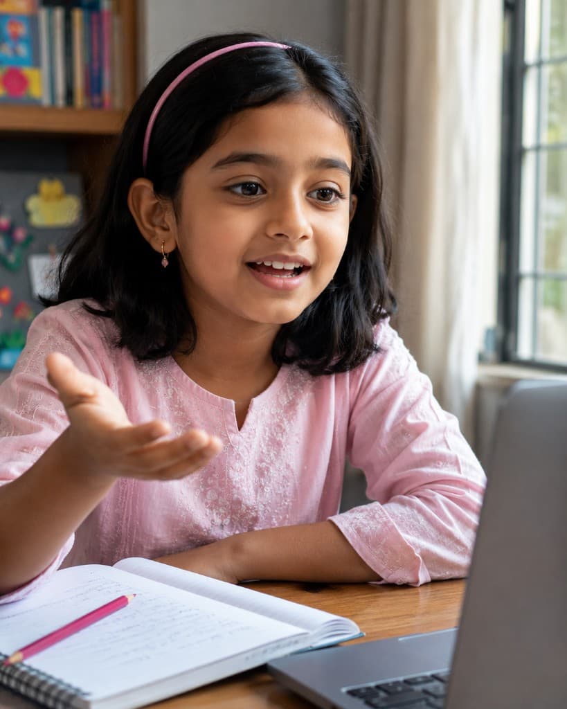 A child speaking with a teacher in a live English class