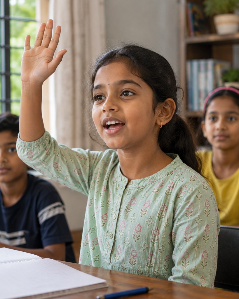 A child raising a hand to speak